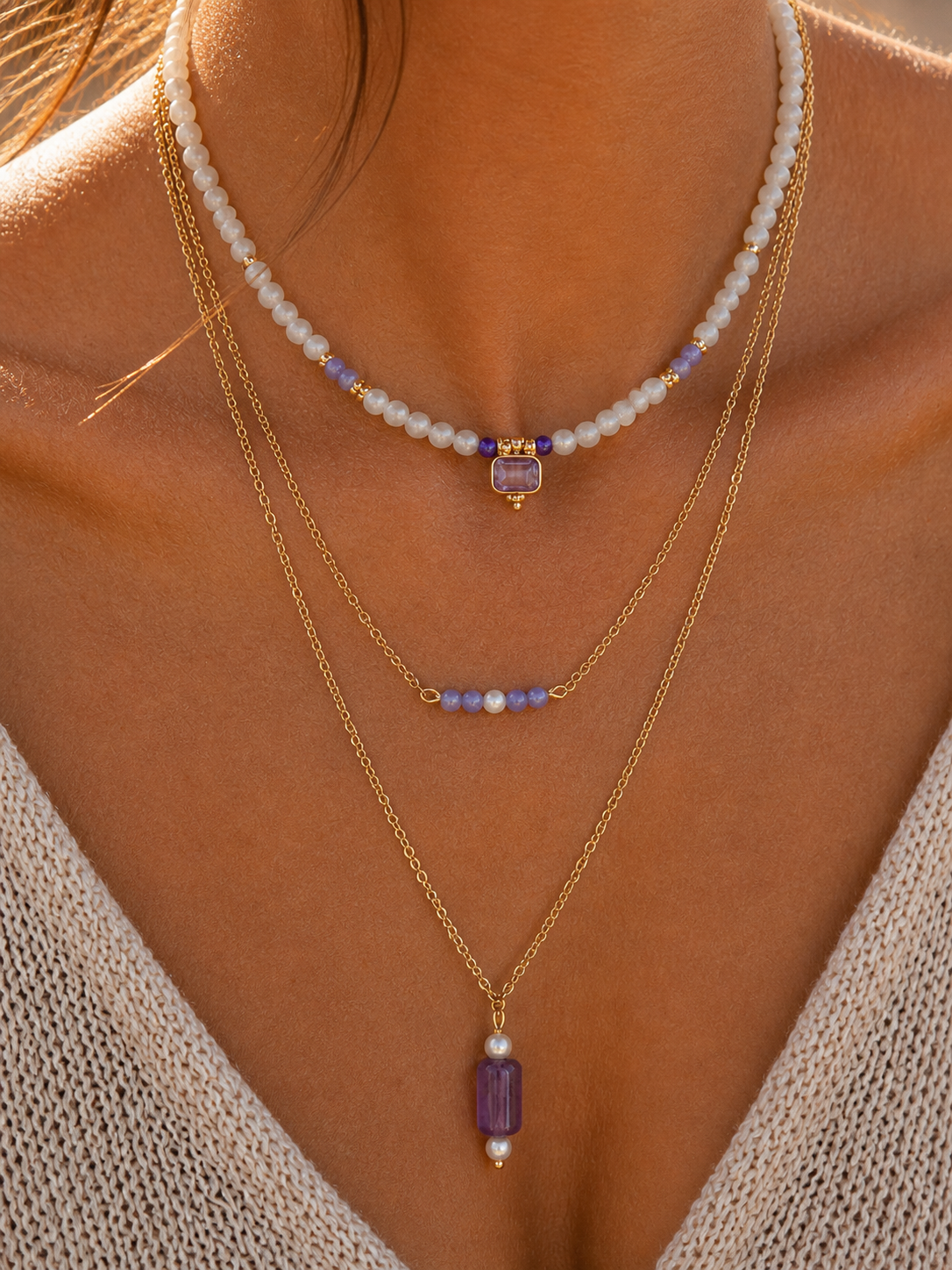 Maansteen kralenketting met gouden amethist-hanger