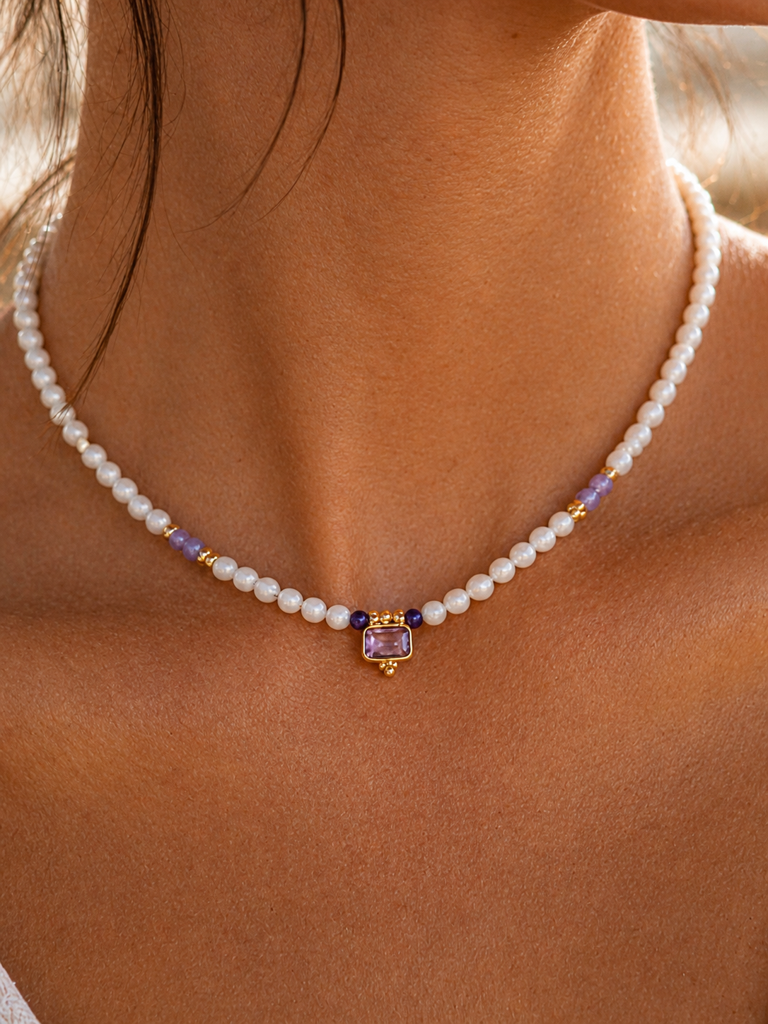 Maansteen kralenketting met gouden amethist-hanger