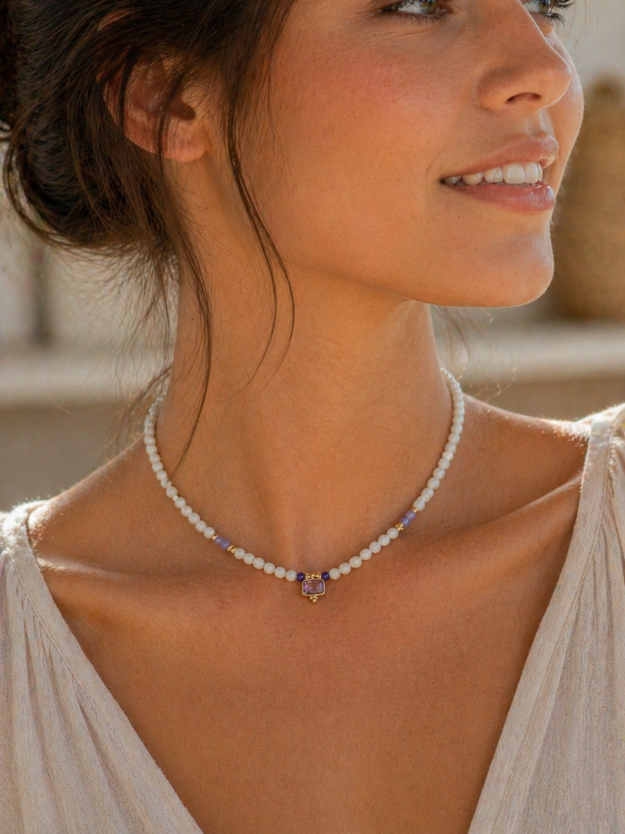 Maansteen kralenketting met gouden amethist-hanger